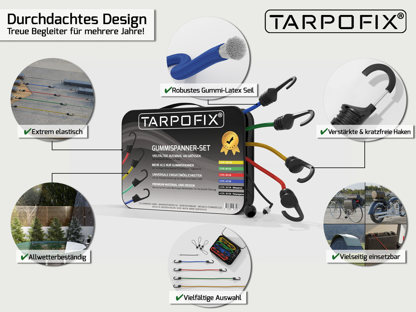Gepäckspanner Set mit Haken und Expanderschlingen Tarpofix