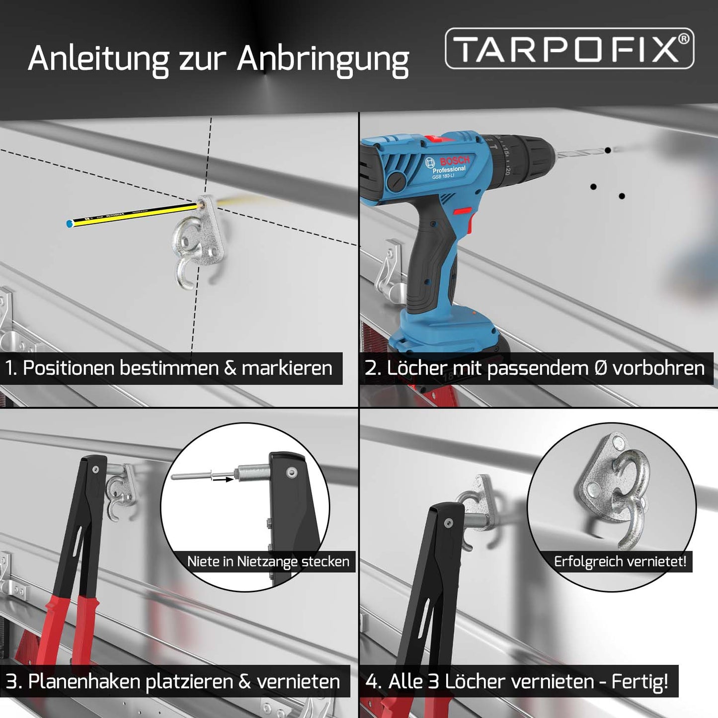 Dreiloch Planenhaken mit Öse und Blindnieten für Anhänger