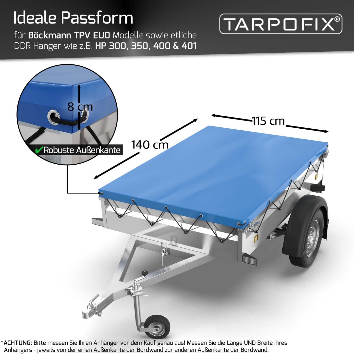 Anhänger Flachplane 140 x 115 cm mit Expander und Würgeklemmen